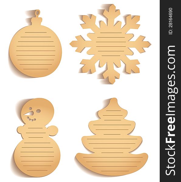 Snowflake, snowman, Christmas decorations, Christmas tree. Christmas icon cut from paper.  on white background. Vector illustration. Set