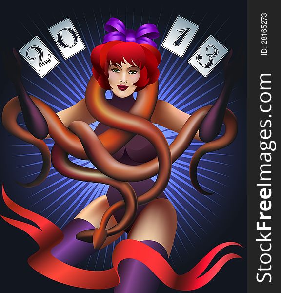 Red haired girl is dancing with two snakes against dark blue background with figures. Red haired girl is dancing with two snakes against dark blue background with figures