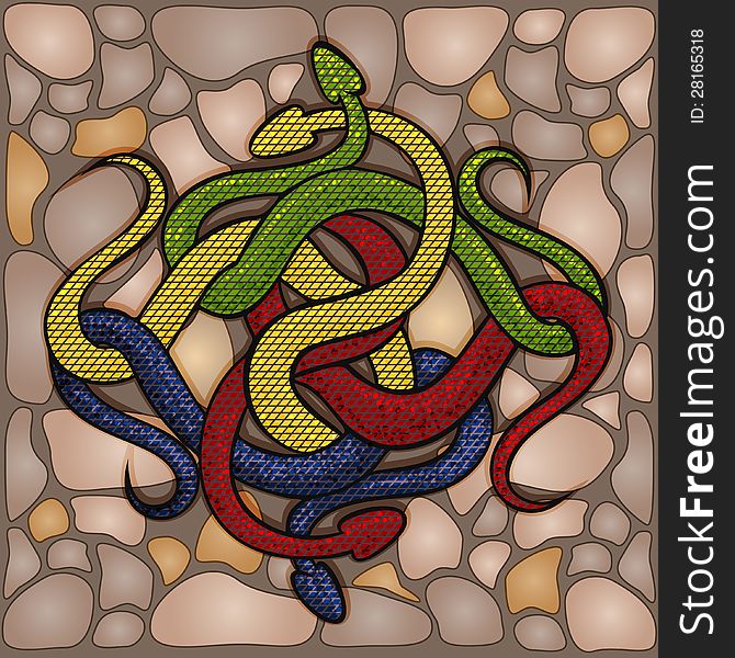 The four snakes in the knot laying against stone background. The four snakes in the knot laying against stone background.