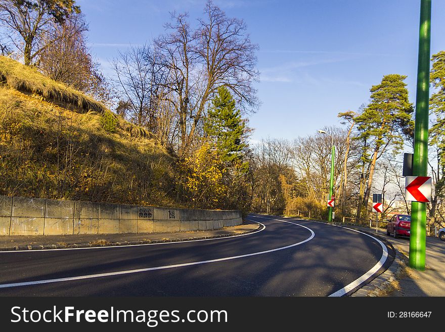 Road through the autumn forest with sunlight