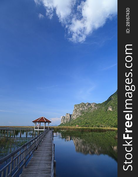 Classic wooden walk way at khao sam roi yod national park, Thail