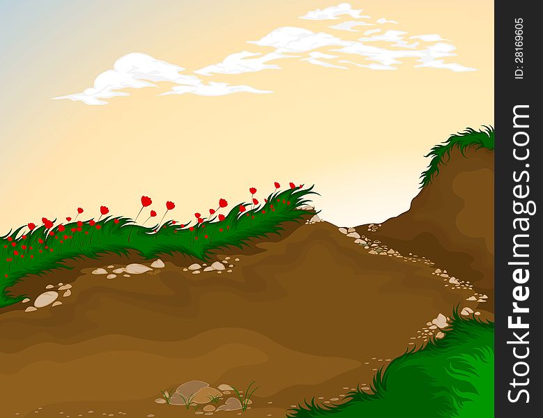 Landscape flowers on hills cartoon background. Landscape flowers on hills cartoon background