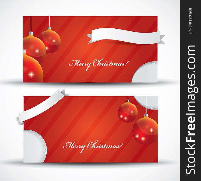 Red Christmas card with label and Christmas balls