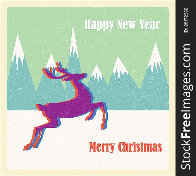 Retro Christmas Background With Deer. Happy New Ye
