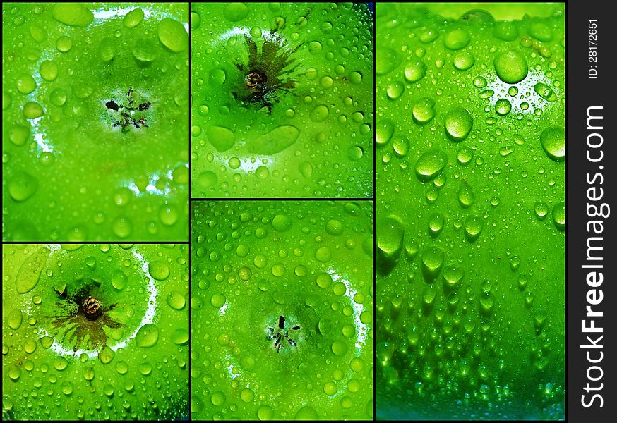 Close up of water droplets on green apple