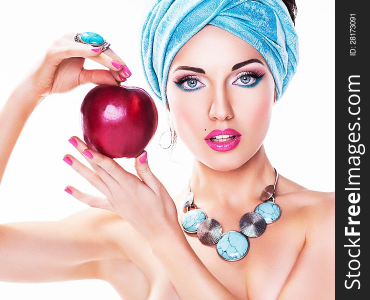 Beauty style - Young Woman with Red Apple. Beauty style - Young Woman with Red Apple