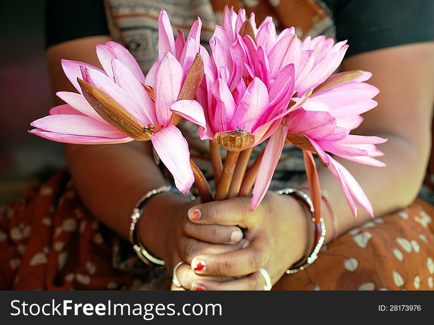 A flower seller holding wayerr lilies. A flower seller holding wayerr lilies