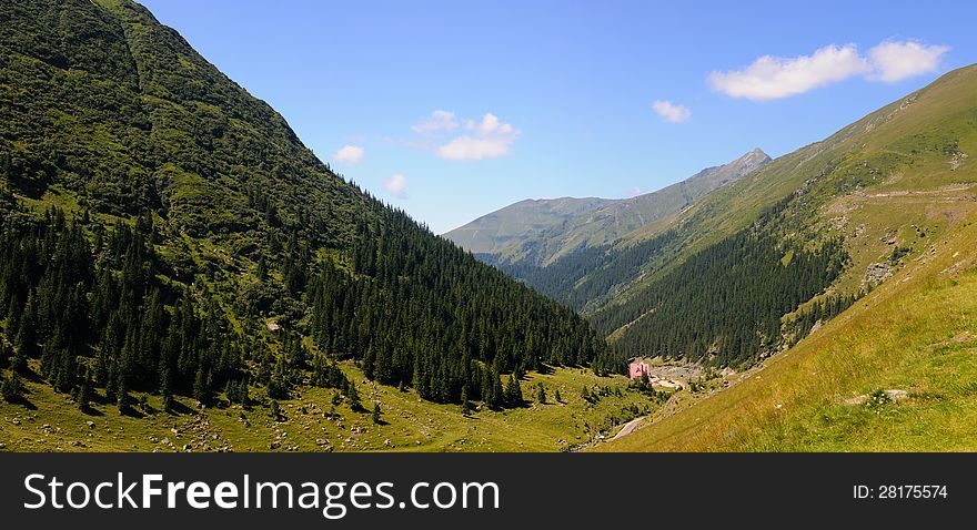 View of a mountain valley panorama with blue sky. View of a mountain valley panorama with blue sky.