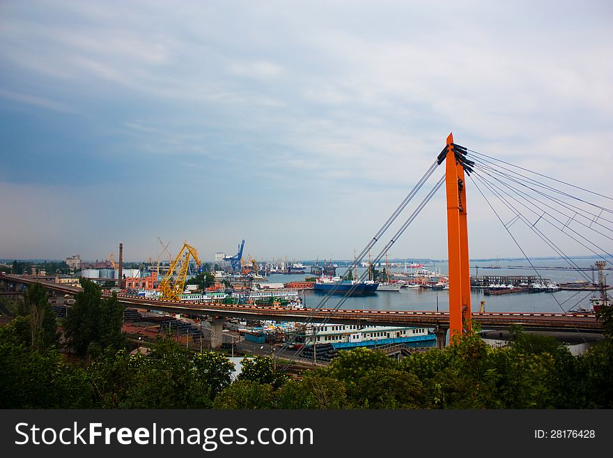 View On Port With Bridge And Ships