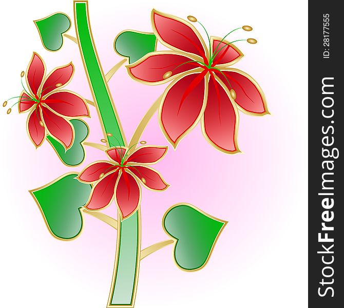 An abstract red flowers with green leaves