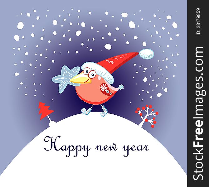 Bright greeting christmas card with a bird on a purple background with snow