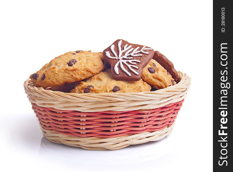 Home Made Christmas Cookies in Basket, Isolated On White