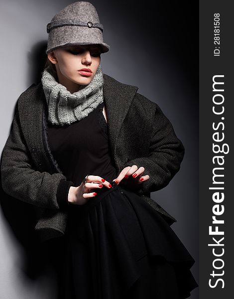 Trendy Woman Mod in Woolen Cap and Jacket - Seasonal Collection