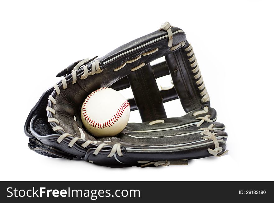 Baseball glove and baseball on white