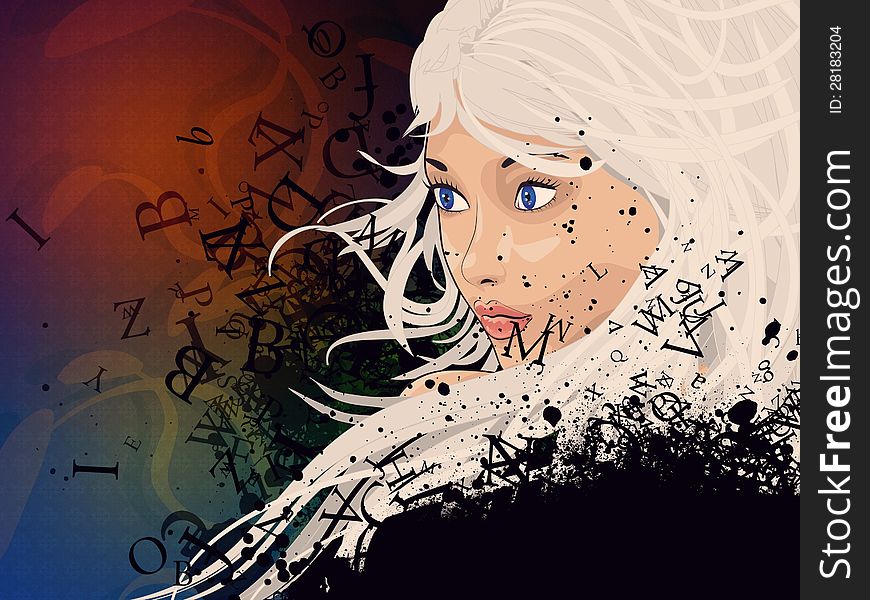 Illustration of grunge background with girl and text explosion.