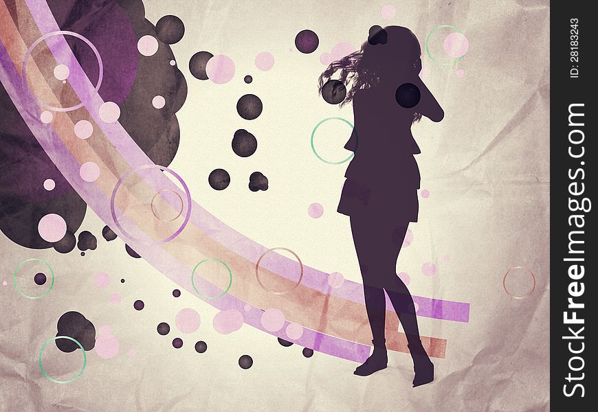 Illustration of grunge background with colorful lines and girl silhouette. Illustration of grunge background with colorful lines and girl silhouette.
