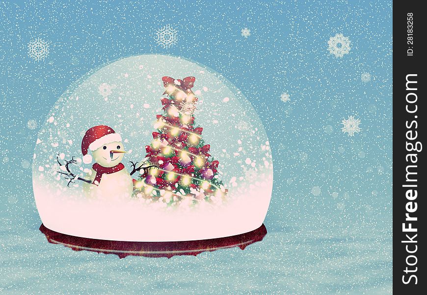 Illustration of magical snow globe with snowman on snow background.