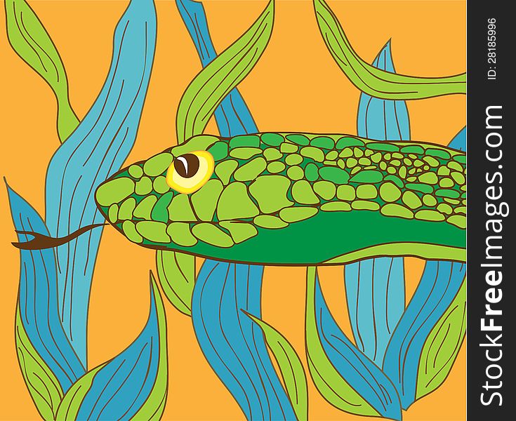 Green snake on orange background with blue and green leaves