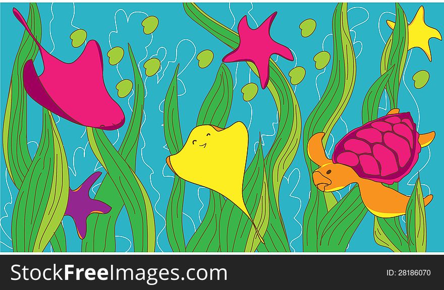 Fishes, turtle and stars under sea