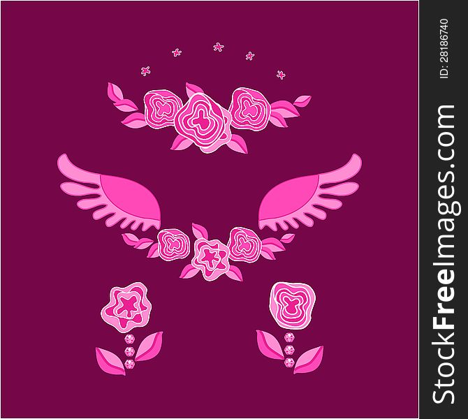 Pink flowers with wings and stars. Pink flowers with wings and stars