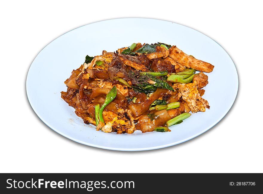 Fried noodles isolated on white background.