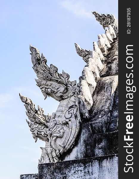 King of White Naga with Blue Sky in Temple, Thailand