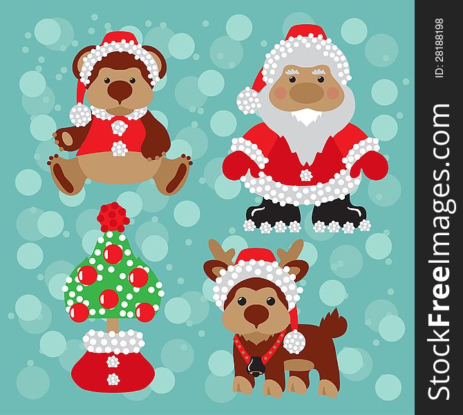 Jolly Santa Claus, toy bear, reindeer, Christmas tree in the bag. Jolly Santa Claus, toy bear, reindeer, Christmas tree in the bag
