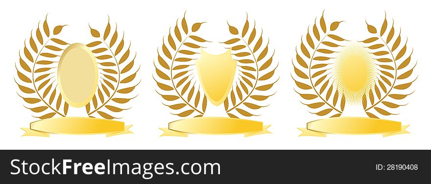 Three golden laurel wreaths isolated on a white background. Three golden laurel wreaths isolated on a white background
