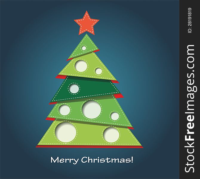 Vector image of christmas card with a blue background with a christmas tree and merry christmas text