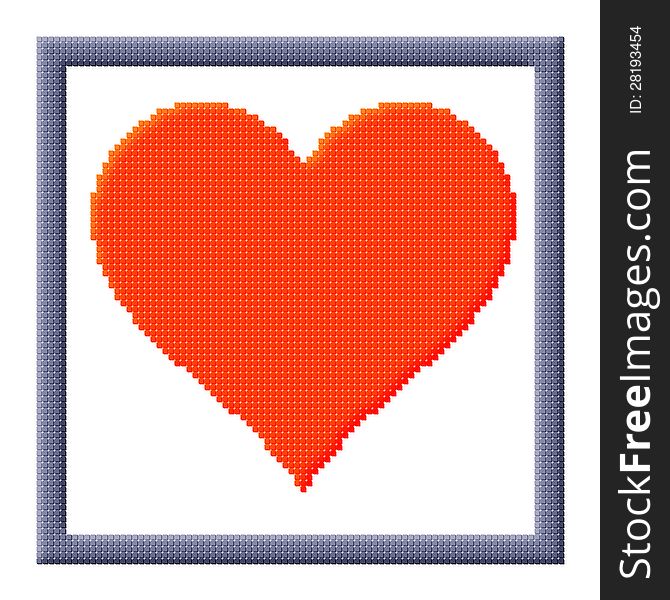 Pixel icon image of red heart in gray frame consisting of cubes. Pixel icon image of red heart in gray frame consisting of cubes