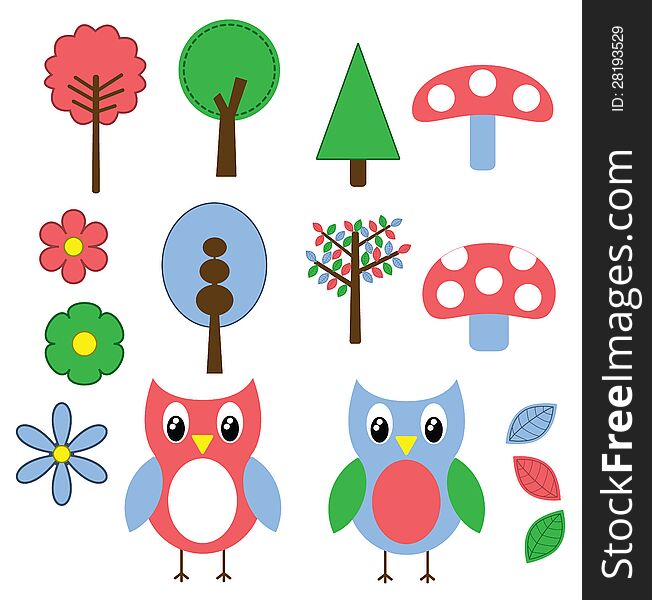 A set of woodland themed objects: Trees, owls, flowers, mushrooms. A set of woodland themed objects: Trees, owls, flowers, mushrooms.