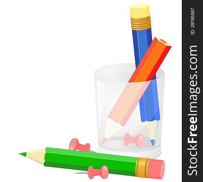 Colorful pencils in transparent plastic holder and pink pushpins. Colorful pencils in transparent plastic holder and pink pushpins