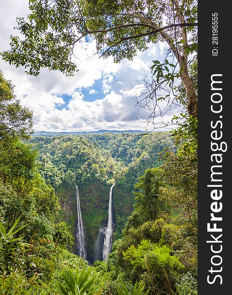 Wide shot of Tad Fan Waterfall in southern Laos