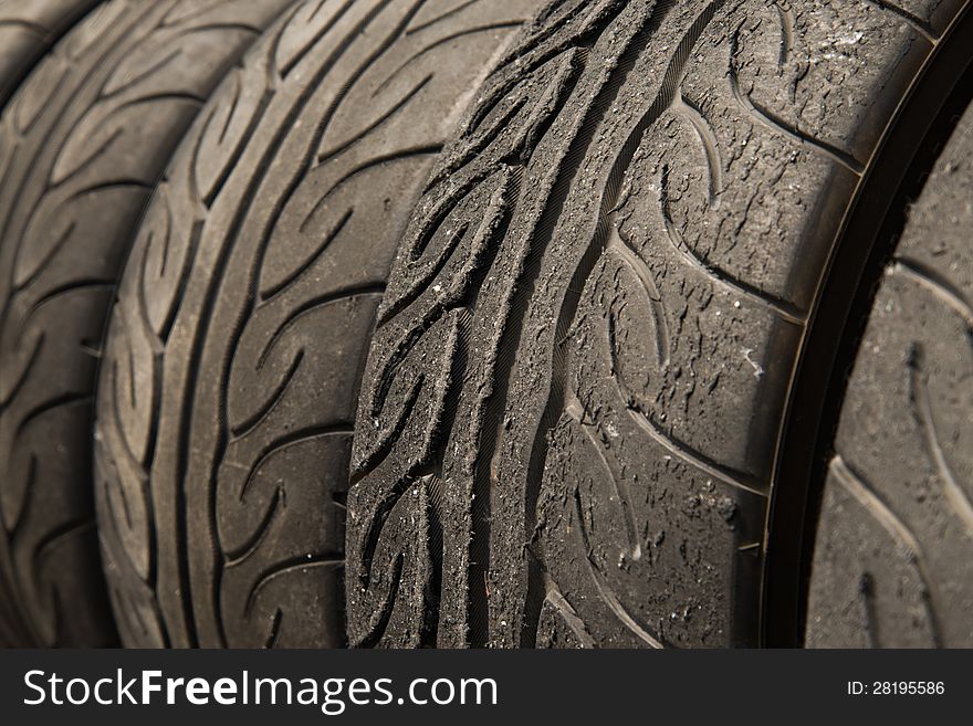 Close up shot of tire stack , partly worn out