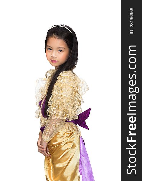 Portrait of the Thai beautiful little girl in Thai style traditional suit, Isolated over white with clipping path