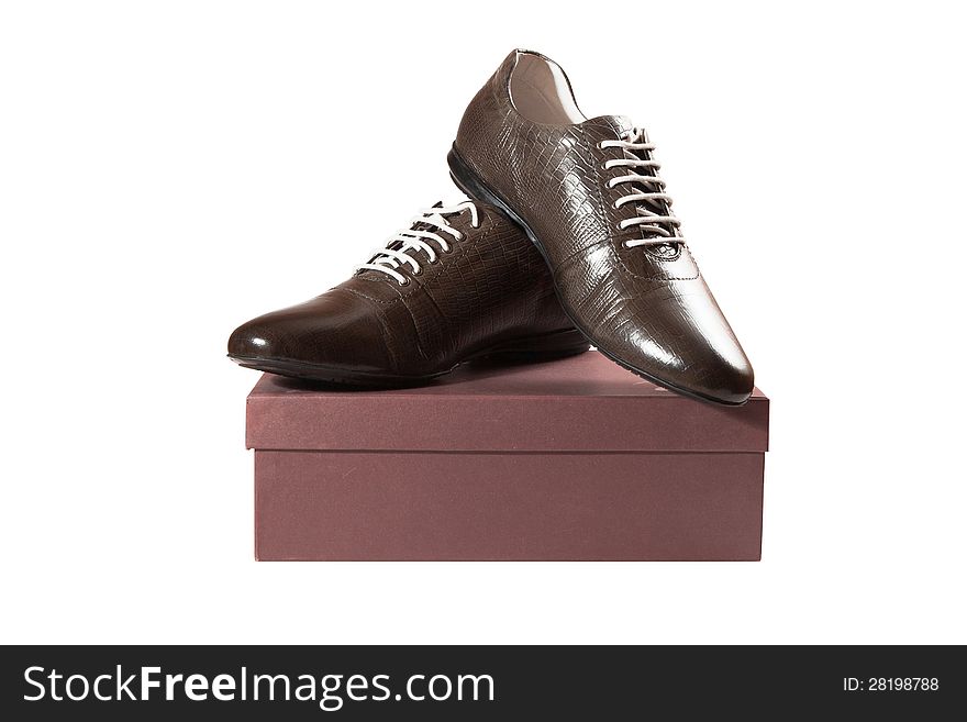 Pair of brown male shoes in front of sale box over on isolat background. Pair of brown male shoes in front of sale box over on isolat background