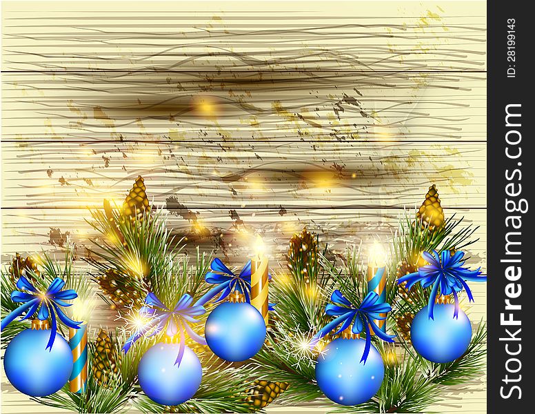 Christmas background with fur branches and baubles on vector woo