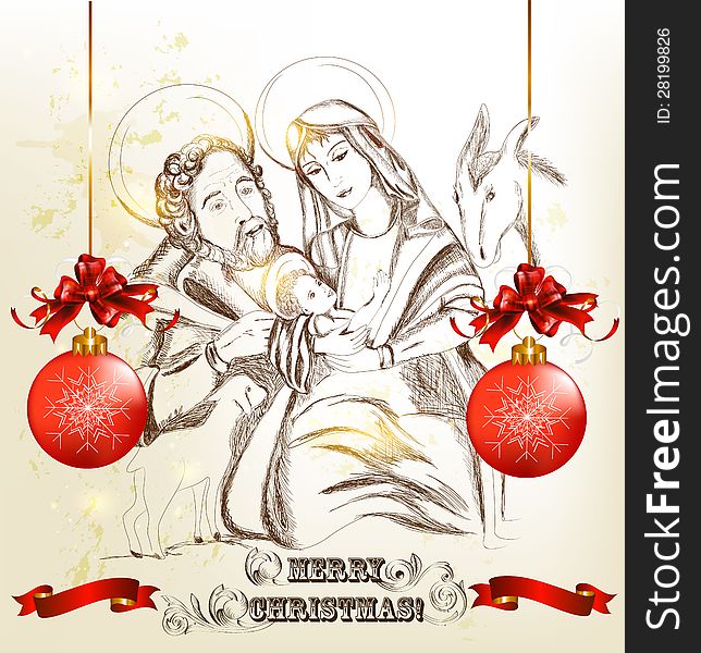 Christmas vector. Christmas hand drawn greeting card with holy family