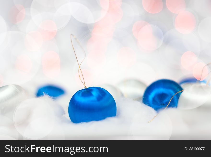 Christmas card with blue and white balls and bokeh. Christmas card with blue and white balls and bokeh
