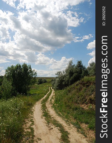 Twisted road in green meadows, rural landscape.