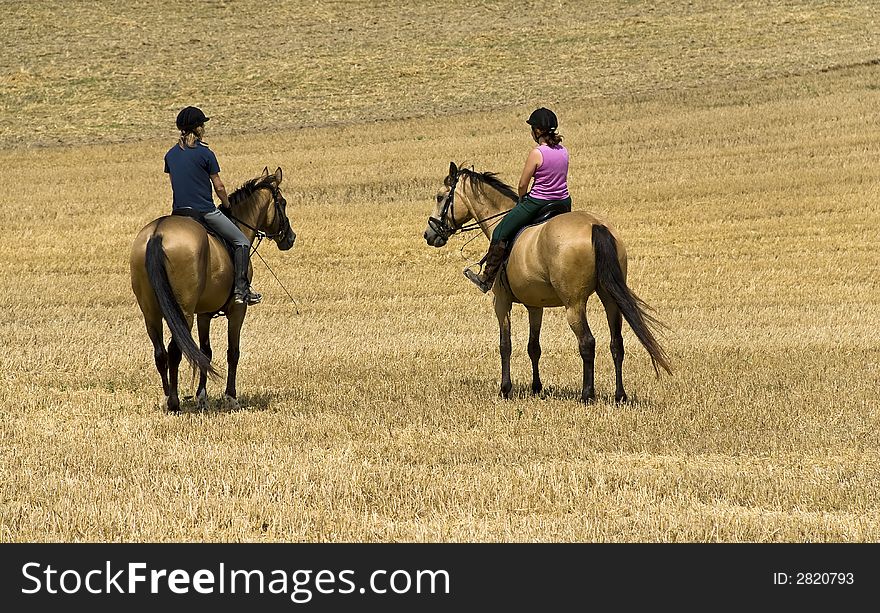2 girls on horses on a dry field. 2 girls on horses on a dry field
