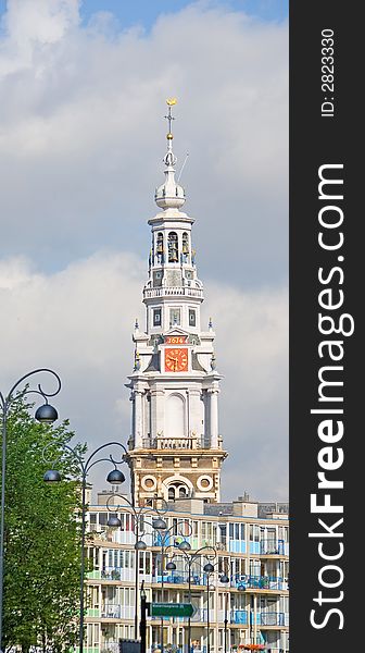 Old bell tower and modern house in Amsterdam. Old bell tower and modern house in Amsterdam