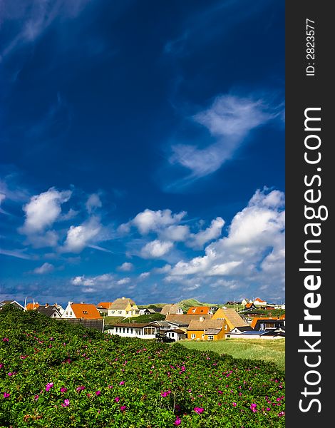Attractive Danish village town, deep blue sky, clouds and nice flowers in front view. Attractive Danish village town, deep blue sky, clouds and nice flowers in front view