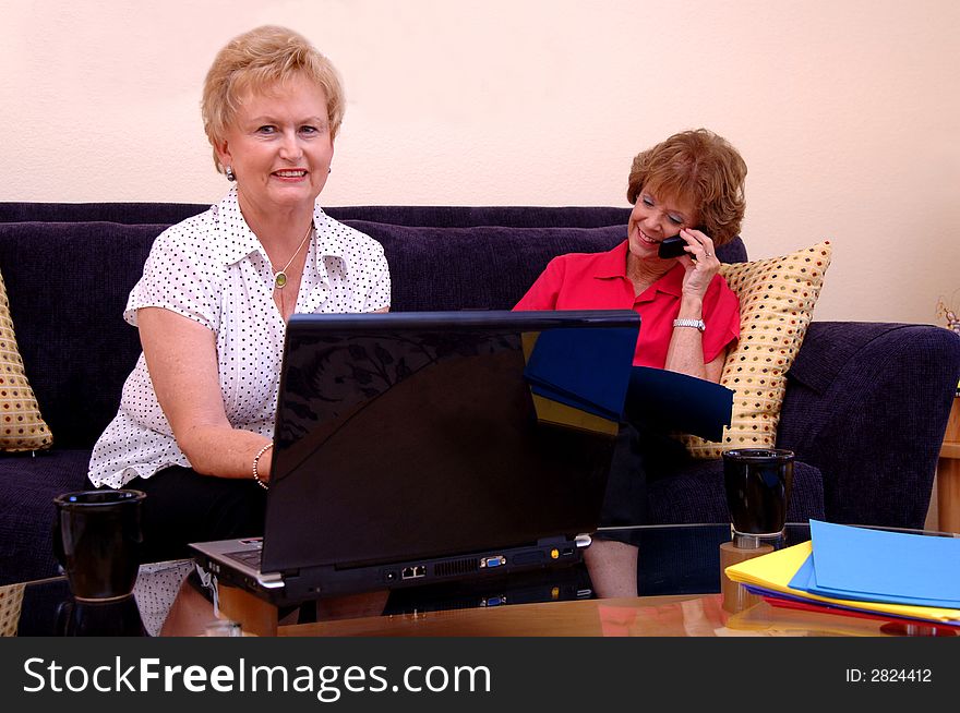 Two mature women working from home in a living room