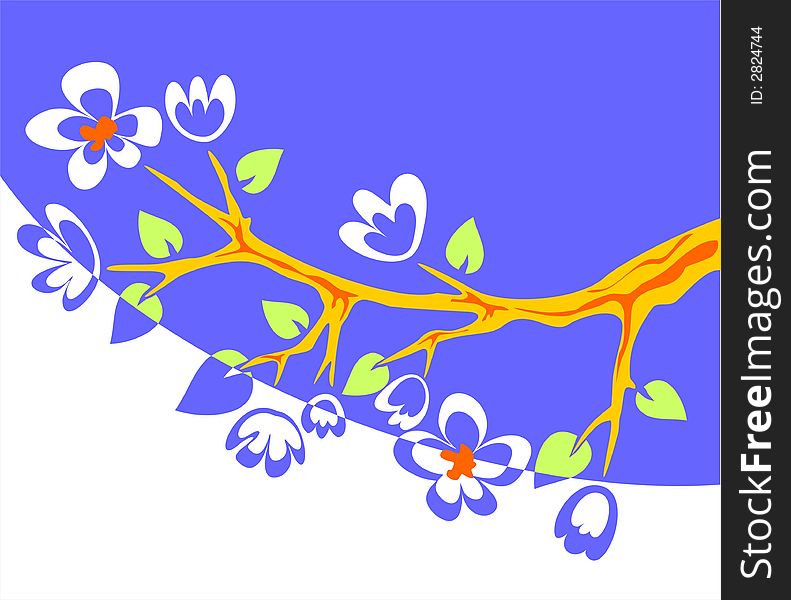 Blossoming branch of an apple-tree on a blue-white background. Blossoming branch of an apple-tree on a blue-white background.
