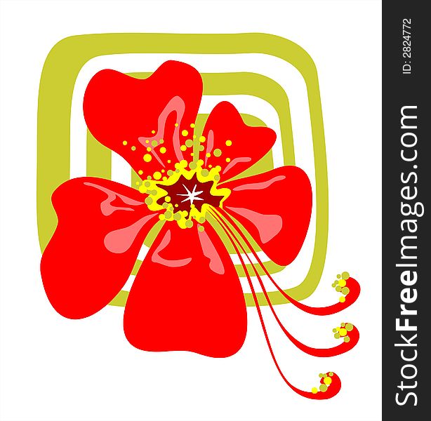 Red stylized flower on a green-white background.