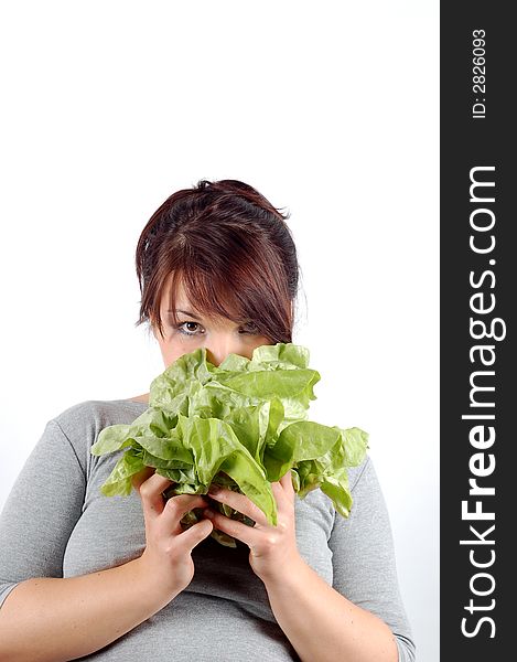 Attractive woman with salad isolated on white background. Attractive woman with salad isolated on white background