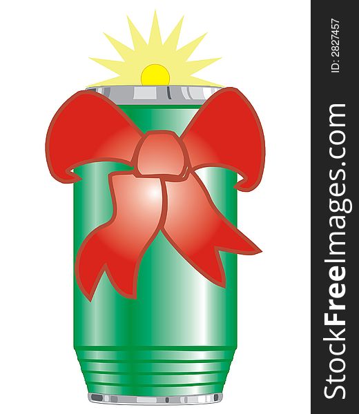 Art illustration: metal green can with a red knot and a yellow light