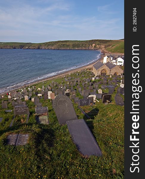 Aberdaron cemetery with view on sea, Wales