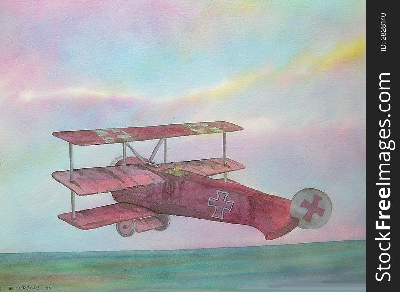 Digitally photographed image of an original watercolor (on 100% cotton & hand made paper), of the famous Red Baron German Airplane (Fokker Tri-Plane), of the First World War; painted, photographed & actually owned by Enrique Cardenas-Elorduy, a seasoned mexican Architect, Watercolorist & Digital Artist, in 1995; measures: 28x43cms. = 11x17 # 95-032 (ready for print, on measures 18x23cms = 7x9, at 300dpi, 5mp, rgb, jpg format). Digitally photographed image of an original watercolor (on 100% cotton & hand made paper), of the famous Red Baron German Airplane (Fokker Tri-Plane), of the First World War; painted, photographed & actually owned by Enrique Cardenas-Elorduy, a seasoned mexican Architect, Watercolorist & Digital Artist, in 1995; measures: 28x43cms. = 11x17 # 95-032 (ready for print, on measures 18x23cms = 7x9, at 300dpi, 5mp, rgb, jpg format).